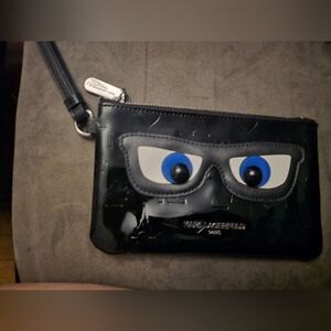 Karl Lagerfeld Black Patent Wristlet with Blue and White Eye Appliqué